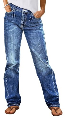 Flamingals Straight Leg Boyfriend Jeans for Women Trendy Mid Rise Wash Stretchy Casual Baggy Jeans Mid Blue S
