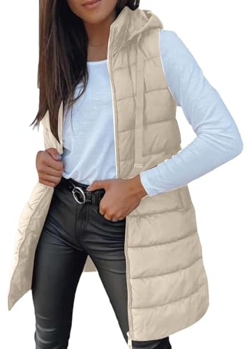 Piumino da donna, invernale, caldo, a metà lungo, senza maniche, con cappuccio, con cerniera, per autunno e inverno, tinta unita, taglia grande, senza maniche, leggera, giacca con tasche, a, S