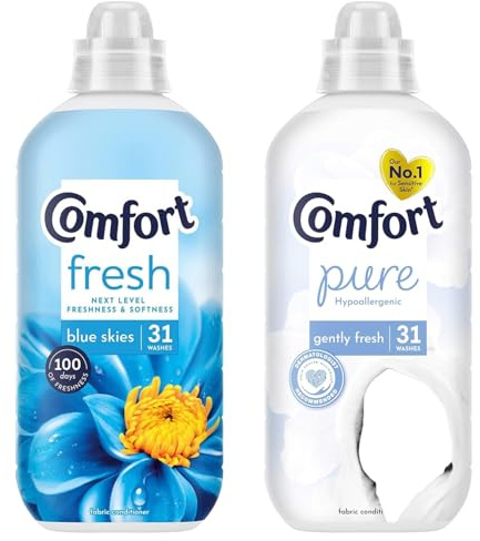 Comfort Fresh Fabric Softener Conditioner 2 Pack Giftset, Blue Skies & Pure Fragrance, 31 Washes Each Bottle 930ml, Long Lasting Freshness Laundry Care Bundle