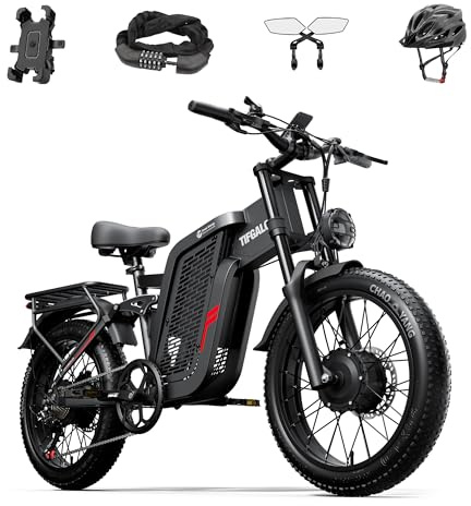 tifgalop Les vélos électriques disposent de deux moteurs puissants, d'une batterie lithium-ion 52 V 24 Ah, de pneus tout-terrain de 20 pouces, d'une suspension complète, de 7 vitesses et d'une portée