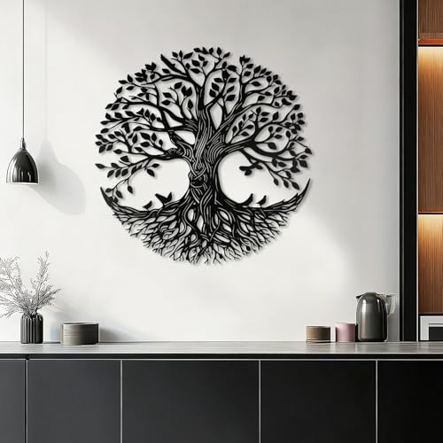Tree of Life Metal Wall Art Round Rustic Hanging Sculpture (Black Tree) | Weatherproof Metal Sculpture for Home Living Room Bedroom Garden Patio Indoor or Outdoor Decor