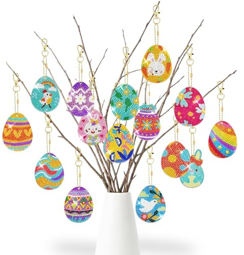 VyxStelyndric Diamond Painting Pasqua Set – 15 pezzi motivo filigranato, adatto ai bambini e ideale per la decorazione pasquale, regalo fai da te con uova di Pasqua, strass e attrezzi da 5,5 x 7 cm