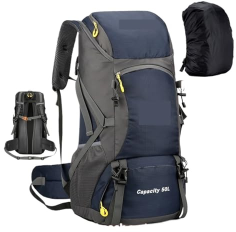 Mochila de Viaje 50L for Hombre, Bolso Grande for Senderismo, Mochila turística, Impermeable, for Deportes al Aire Libre, Escalada, Equipaje montañismo(Blue Cover Set)