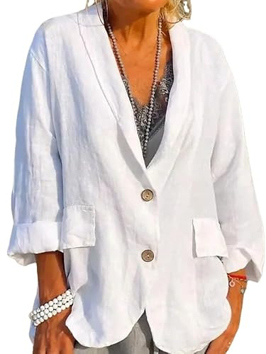 Blazer en Coton et Lin pour Femme Manches Longues Blazer en Lin pour Femme Été Revers Vestes De Costume À 2 Boutons avec Poches Manteau Décontracté Printemps-Été pour Le Bureau Tenue De Tous