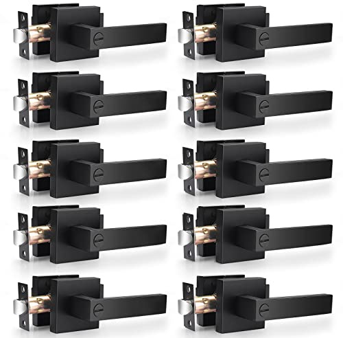 Probrico Heavy Duty Flat Black Door Handles Square Privacy Interior Door Levers Bedroom and Bathroom Door Handles Keyless Bed/Bath Lockset (10 Pack)