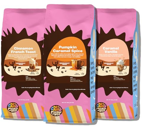 Crazy Cups Flavored Ground Coffee Variety Pack, Includes Cinnamon French Toast, Caramel Vanilla, Pumpkin Caramel Spice, in 10 oz Bags, For Brewing Flavored Hot or Iced Coffee, Variety 3 Pack