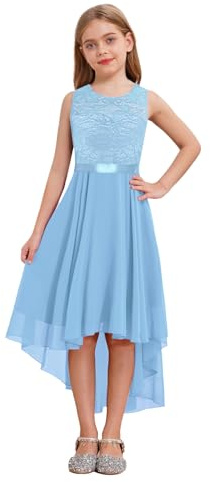 JEATHA Kids Girls Floral Lace High Low Wedding Party Flower Girls Dress Chiffon Birthday Dance Ball Gown Light Blue 11-12 Years