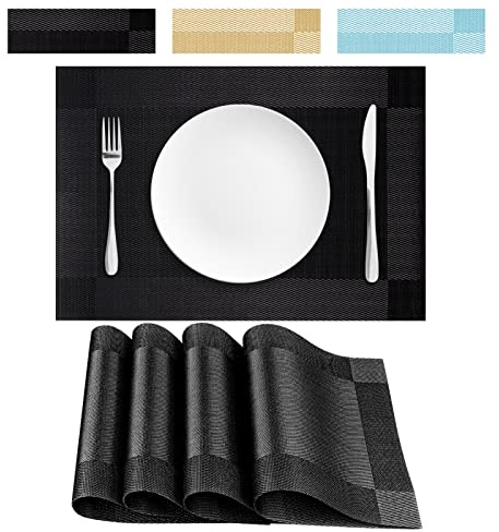 jiuzcare Tovagliette Americane Lavabili Plastica PVC Set 4 Pezzi Tovaglietta da Tavola Non-Scivolose Antiscivolo Antimacchia Resistenti Calore Tovagliette Adatto Tavolo da Pranzo Cucina 45x30cm, Nero