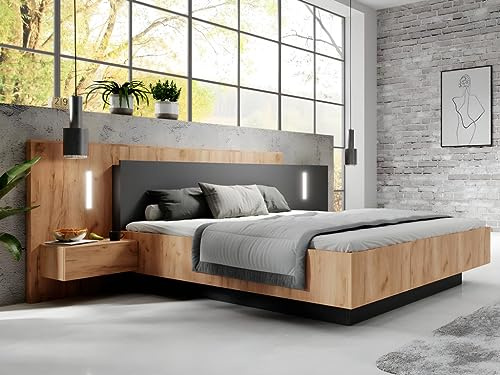 Venta-Unica - Cama con mesas de Noche 160 x 200 cm - 2 cajones - con Leds - Color: Natural y Antracita + Somier - FRANCOLI