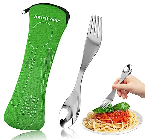 Göffel Camping Besteck, Wiederverwendbare Sporks Edelstahl Portable Reisebesteck mit Bestecktasche für Picknick Reise im Freien (Grün)