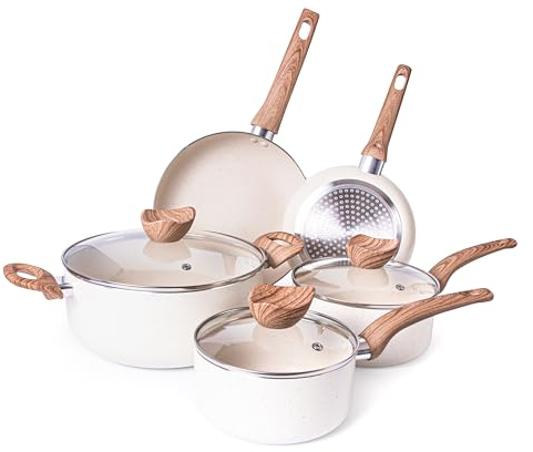 Ensemble de casseroles et poêles antiadhésives - Plaque à induction - Batterie de cuisine 8 pièces avec couvercle - Cuisiner avec marmite et poêles en granit crème - par Nuovva