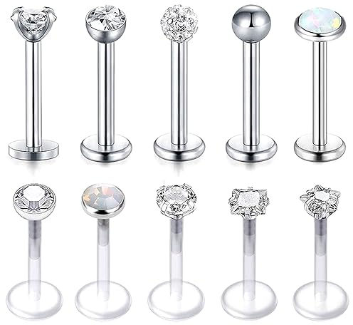 Voarge 10 Stück 8mm Lippenpiercing Labret Set,Lippen Retainer Conch Piercing Ohrstecker,Durchsichtig Acryl Lippenpiercing Stud (Silber)