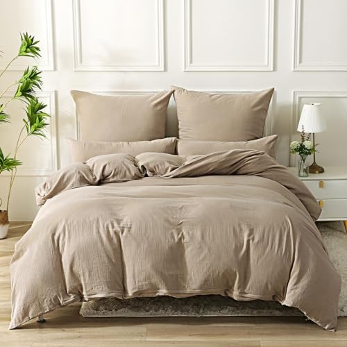 SOULFUL Doppelte Muslin Bettwäsche 200x200 Baumwolle, Bettwäsche-Sets 1er Set Bettbezug mit 2 Kissenbezüge 80x80 cm, ÖKO-TEX Bettwäsche Helles Kaffeebraun mit Reißverschluss