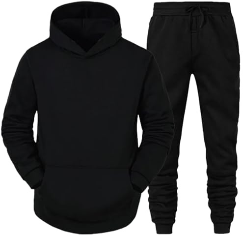 Mens Plain Tracksuit Hooded Jogging Tops Bottoms Trouser Suit Set, Casual Warm Fleece Top Slim Fit Track Suit Sweatsuit With Drawstring Hoodie And Front Pockets Joggers Sets, S To XXL, Black-L