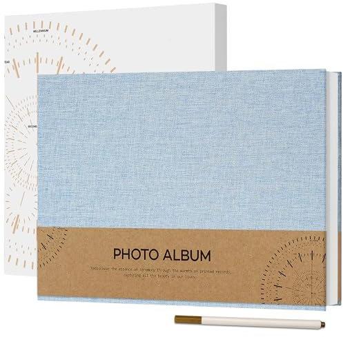 Vienrose Självhäftande fotoalbum för foton på 10 x 15 cm, liten klippbok i linne, 60 vita sidor, gör-det-själv-album med metallpenna, 21,5 x 30 cm, himmelsblå | Litet linnealbum, scrapbook-omslag 40 vita gör-det-själv-sidor skrapbok med en metallpenna