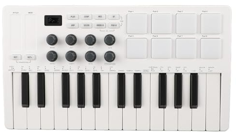25 Tasten USB Midi Keyboard Controller, Midi Controller Tastatur mit 8 Hintergrundbeleuchteten Drum Pads, 8 Knöpfen, 8 MPC Beat Pads, USB- und Bluetooth MIDI Keyboard Controller