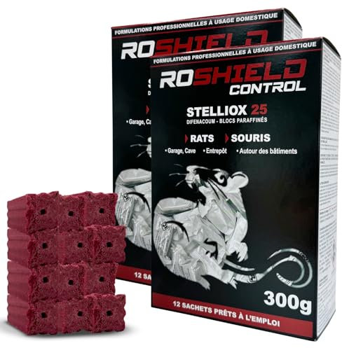 Roshield Anti Rats & Souris 600g Forte Infestation Habitation et Cuisine Efficace dès la 1ère Ingestion Idéal pour Lieux Secs & Humides (600g, 24x25g)