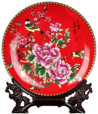 JingdezhenPorcelainDekorativ Wobble-platta, Ljusröd kinesisk stil Pion Blomma Växt Keramiska Dekorativa-Paller Hem Wobble-Plåt Med Display Stativ Dekoration Hushållsdekorativ