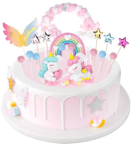HOVIBU 20 Pezzi di Decorazioni Torta Unicorno, Inclusi Unicorni, Arcobaleni, Palloncini, Stile Sognante e Infantile, Adatti per Torte di Compleanno, Addobbi Compleanno Bambina