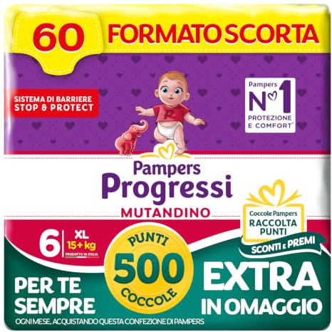 Pampers Progressi Mutandino XL, Taglia 6 (15+ kg), 60 Pannolini Bambino