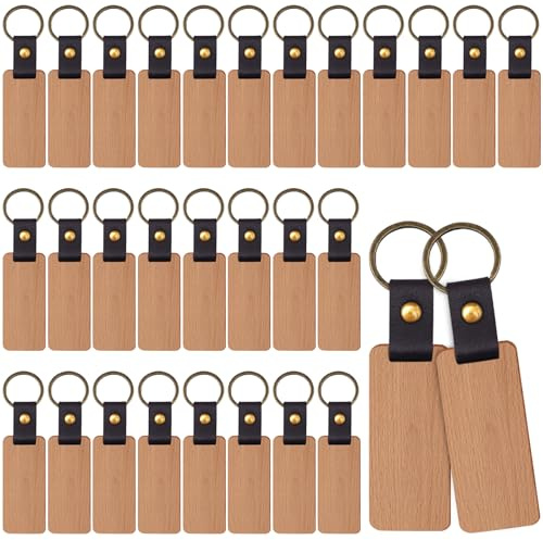 GOMETY 30 Stück Holz Schlüsselringe Rohlinge, Holz Schlüsselanhänger Rechteckig Schlüsselanhänger, Wooden Schlüsselanhänger Blanko für DIY Gravur Bemalen