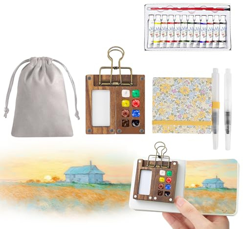 7Pcs Portable Watercolor Palette - 8 Grids Travel Watercolour Paint Set, Portable Travel Painting Set, Lid Foldable Wooden Palette, Sketchbook Brush Watercolour for Painting Lovers, Home, Office