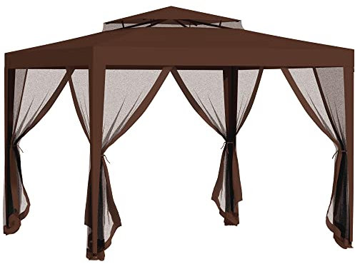 Outsunny Carpa de Jardín 3x3 m Cenador Desmontable de Exterior Gazebo con 4 Mosquiteras Laterales Techo Doble y Marco Metálico Anti-UV Impermeable Pabellón para Terraza Patio Marrón