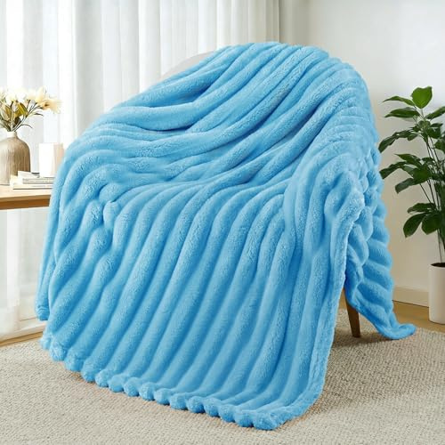 Exclusivo Mezcla Coperta in pile per divano, super morbida, a righe, per letto jacquard, leggera, pelosa e accogliente, per tutte le stagioni, 127 x 152 cm, blu
