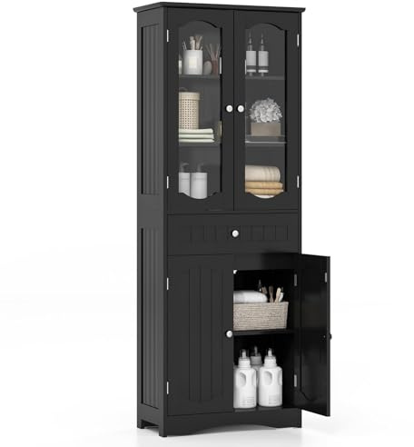 FANTASK Armoire Haute autoportante pour Salon, Salle de Bain, Cuisine, avec Protection Anti-basculement, 4 Portes, tiroir et étagère réglable, 60 x 30 x 160 cm