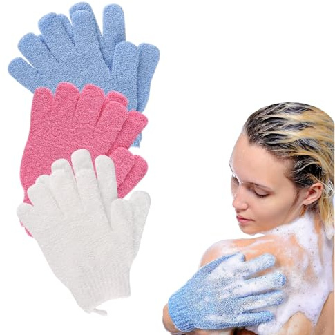 3 Pair Shower Gloves Exfoliating, Deep Clean Body Exfoliator Scrub with Lanyard, Dead Skin Remover Shower Body Scrub Gloves for Shower, Spa, Massage and Dead Skin Cell - White, Red, Blue
