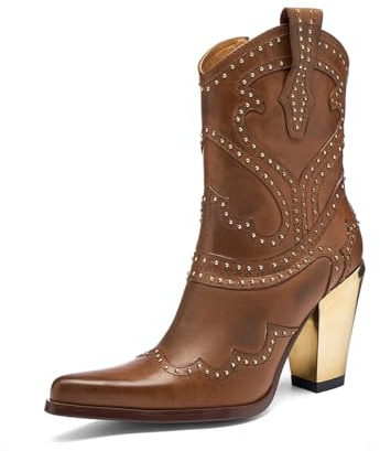 Tsrenlmln Women's Cowboy rivet Boots with Chunky Heel - Western Ankle Boots, Pointed Toe Booties for Women, Comfortable Pull-On Riding Boots Suitable for parties, and Evening party(Golden Heel) 10
