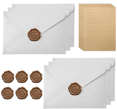 DIPZO Vintage Brevpapper Set med 6 Kuvert, 10 A5 Kraftpapper och 6 Lacksigill, Skrivset för Bröllop, Födelsedagar och Hälsningskort, Vit