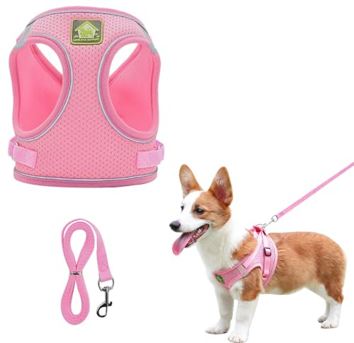Kemay Soft Mesh Step-in Puppy Harness & Leash Set, Breathable Air Mesh Small Dog Vest, Reflective No Pull Harness for Tiny Dogs, Chihuahua, Dachshund and Cats (Pink)