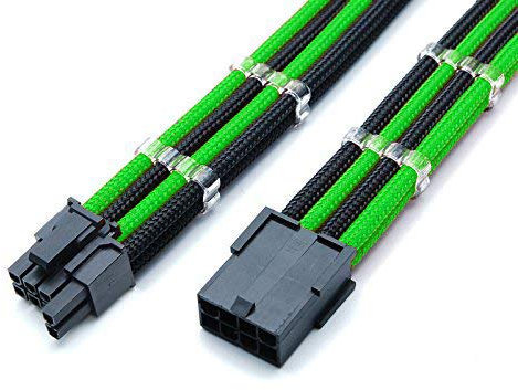 Shakmods 6+2 Pin PCIE GPU Graphics Card Sleeved Extension Cable 30cm + 2 Cable Combs (Green & Black)
