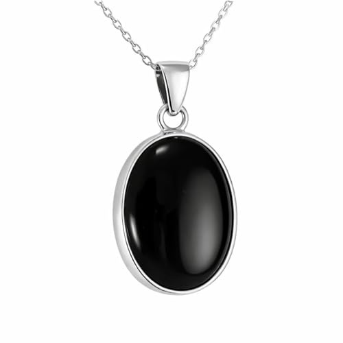 Sterling Silver Oval Black Onyx Handmade Small Pendant Necklace 16+2 inches Chain for Women - 15x20mm