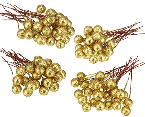 BBTO 100 Pcs Artificial Holly Berries for Christmas, Sequined Gold