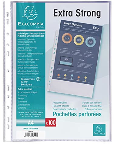 Exacompta 59110E 100er Pack Premium PP-Kunststoff Prospekthüllen. Für DIN A4 transparent genarbt oben offen Klarsichtfolie Plastikhülle Klarsichthülle ideal für Ordner Ringbücher und Hefter