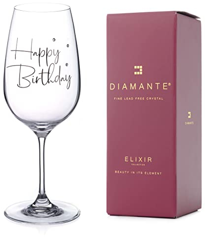DIAMANTE Swarovski Happy Birthday Wine Glass – Single Crystal Wine Goblet with Happy Birthday Slogan and Swarovski Crystals – Gift Boxed