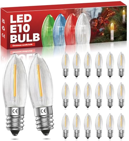 Luxvista E10 LED Kerzen für Schwibbogen 0.2W LED Kerzen für Lichterbogen Warmweiss 2200K, E10 LED Filament Kerzen für Lichterbogen, Schwibbogen, Weihnachten LED Lichterkette AC 12V 23V 34V (20 Stück)
