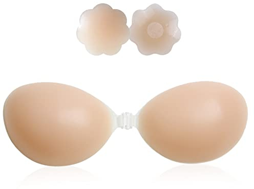 Klebe BH Silikon Trägerloser BH mit 1 Paar Nippelpads,BH Rückenfrei Klebe BH Push Up,Selbstklebender BH Wiederverwendbare Unsichtbarer BH & Nippel Cover für Hochzeits Rückenfreies Kleid BH (A)