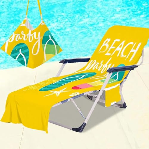Surwin Sun Lounger Towel with Pockets, 3D Juice Print Quick Dry Beach Towel, Microfiber Sunbed Towels Travel Lounger Bag for Loungers Summer Holiday Outdoor Pool, 75X210CM- Yellow