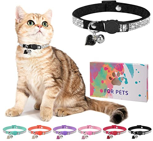 DILLYBUD Diamante Crystal Cat Collar with Bell, Safety Quick-Release Buckle Collar for Girls, Boys, Small Kitten, Puppy - Cute and Soft Collar for Female Cat,