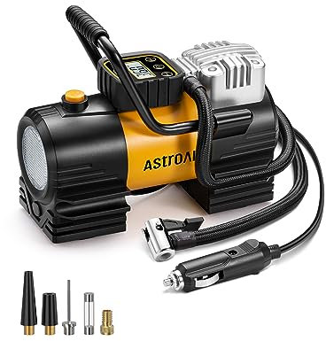 AstroAI Tyre Inflator Portable Air Compressor DC 12V, Fast Inflation Digital Car Tyre Pump for Compact SUV, Preset/Auto-Off/Memory Function, Metal Structure with 22 Cylinders, Super Bright Light