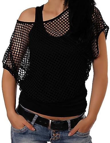 ELFIN Damen Netzshirt Netztop Netzhemd 80er Jahre Outfits Karneval Fasching Motto Party Tops Netzoberteil Sommertops, Schwarz, M