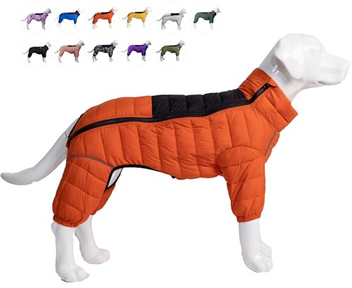 Warm Dog Coat, 4 Legs Covered Waterproof Windproof Reflective Vest, Zippered Adjustable Outdoor Snow Jacket for Small Medium Large Dogs, Orange M