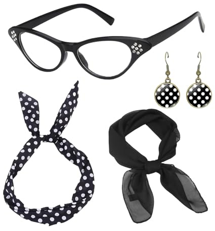 AWAVM 4 accessori per costume anni '50, occhiali a pois a pois, bandana, fascia, orecchini, nero, per donne, ragazze, ragazze, bambini, decorazione retrò per feste (nero)
