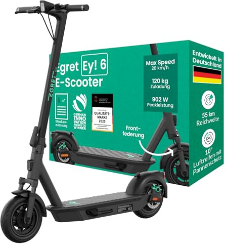 Egret Ey! 6 E-Scooter mit Straßenzulassung – bis 55 km Reichweite, LED-Licht 700 lm, Blinker, Trommel- & Scheibenbremse, 10 Luftreifen, klappbar