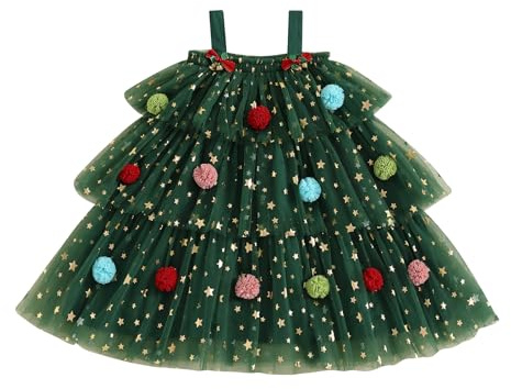 Abito da Principessa per Bambina, Stile Tutu, con Paillette a Stella, a Strati di Tulle, per Natale, Albero di Natale, Compleanno, Feste per le Vacanze, Cake Smash, Fotografia, a verde, 5-6 Anni