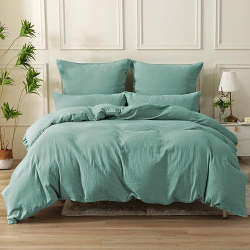 SOULFUL Doppelte Muslin Bettwäsche 135x200 4 Teilig Baumwolle, Bettwäsche-Sets 2er Set Bettbezug mit 2 Kissenbezüge 80x80 cm, ÖKO-TEX Bettwäsche Bean Green mit Reißverschluss