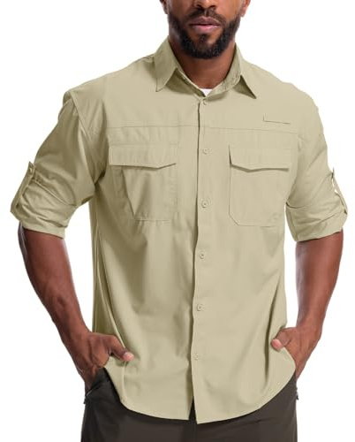 Yenwits Camisa de Exterior para Hombre de Manga Larga, Camisa Safari de UV Protección UPF 50+, Camisa Funcional Transpirable de Secado Rápido, Camisa de Ocio para Senderismo, Pesca, Trekking, caqui